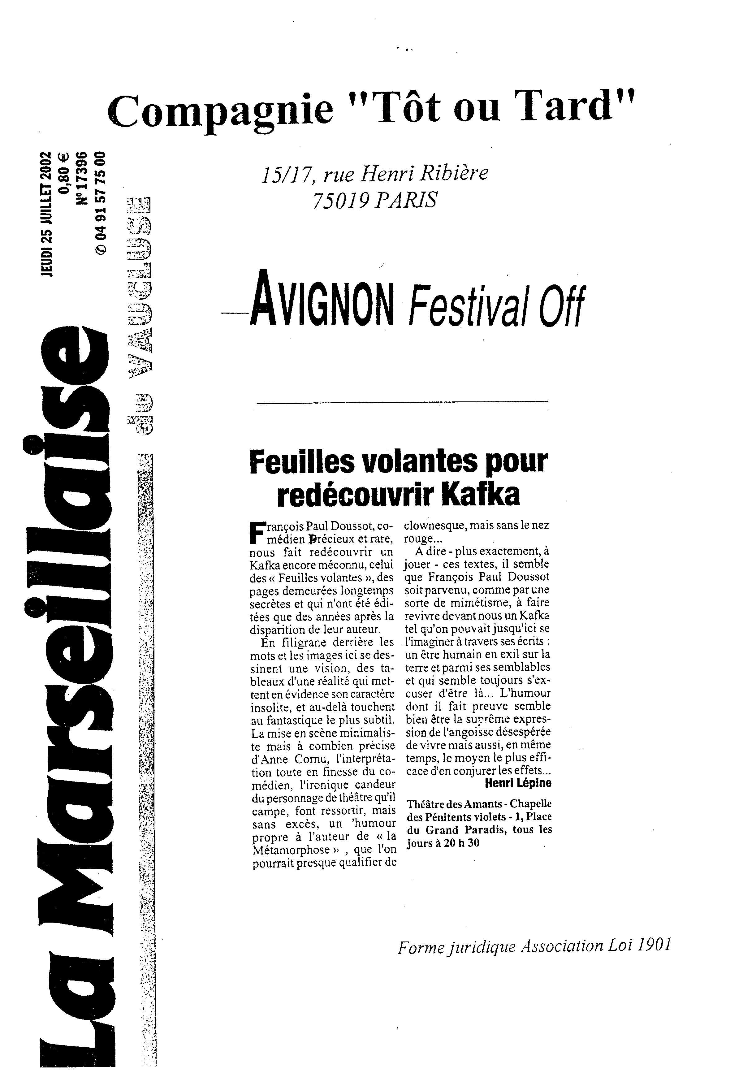 Feuilles volantes - Kafka - La marseillaise - 25 juillet 2002