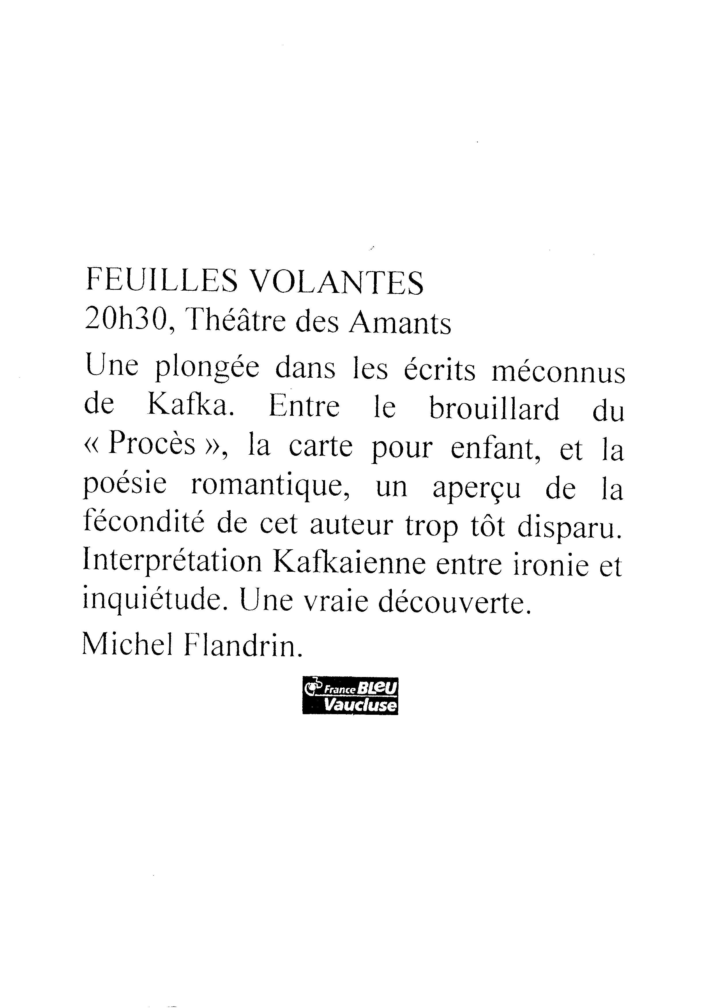 Feuilles volantes - Kafka - France Bleu Vaucluse - juillet 2002